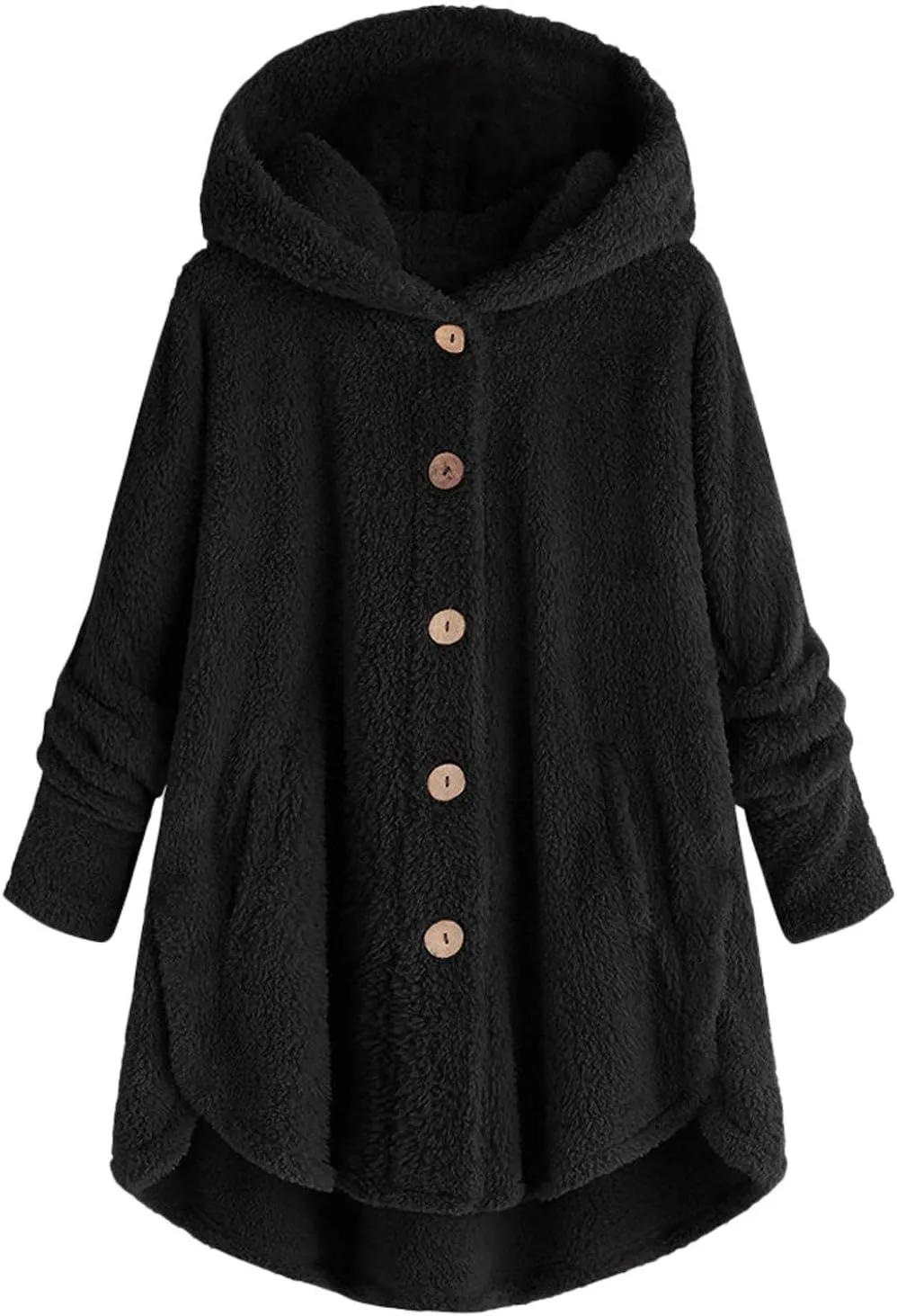 Women's Hooded Cardigan Fuzzy Plush Winter Warm Open Front Button Down Jacket Fleece Sherpa Coat Outwear Coat
