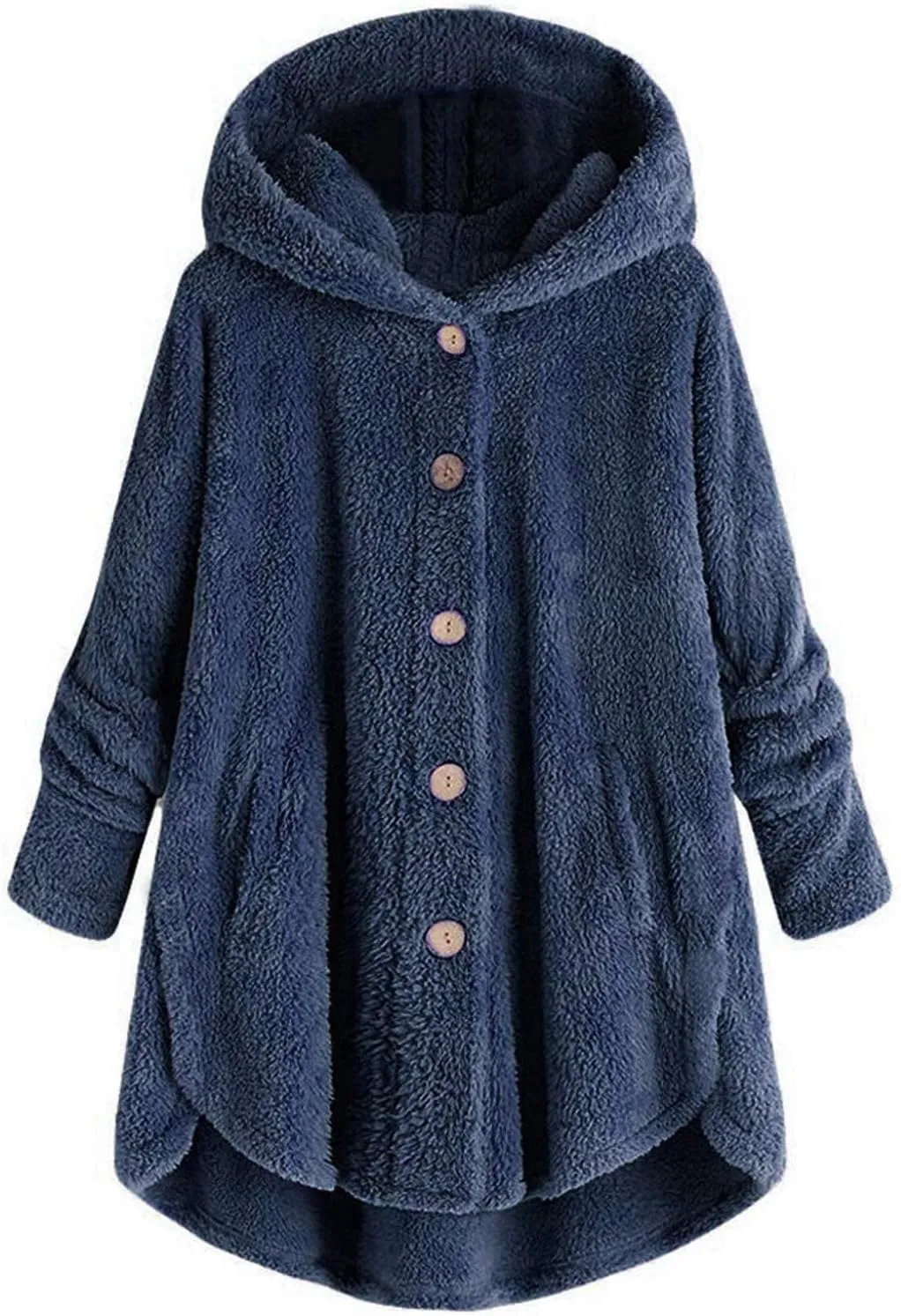 Women's Hooded Cardigan Fuzzy Plush Winter Warm Open Front Button Down Jacket Fleece Sherpa Coat Outwear Coat
