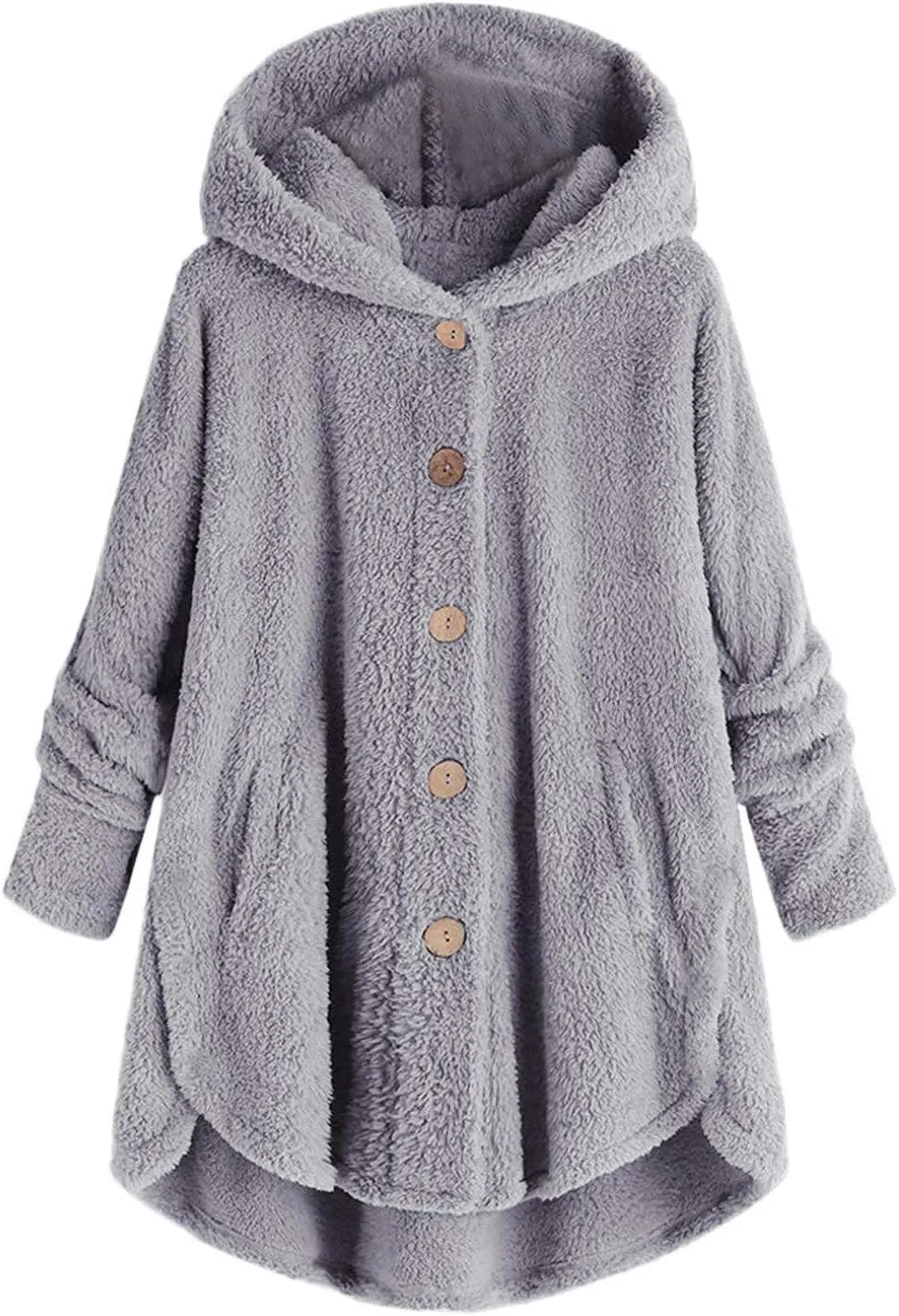 Women's Hooded Cardigan Fuzzy Plush Winter Warm Open Front Button Down Jacket Fleece Sherpa Coat Outwear Coat