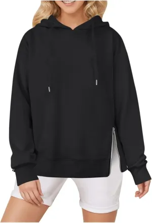 Womens Hooded Sweatshirt Fashion Solid Color Side Zipper Long Sleeves Loose Casual Pullover Oversized Hoodies Tops