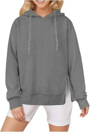 Womens Hooded Sweatshirt Fashion Solid Color Side Zipper Long Sleeves Loose Casual Pullover Oversized Hoodies Tops