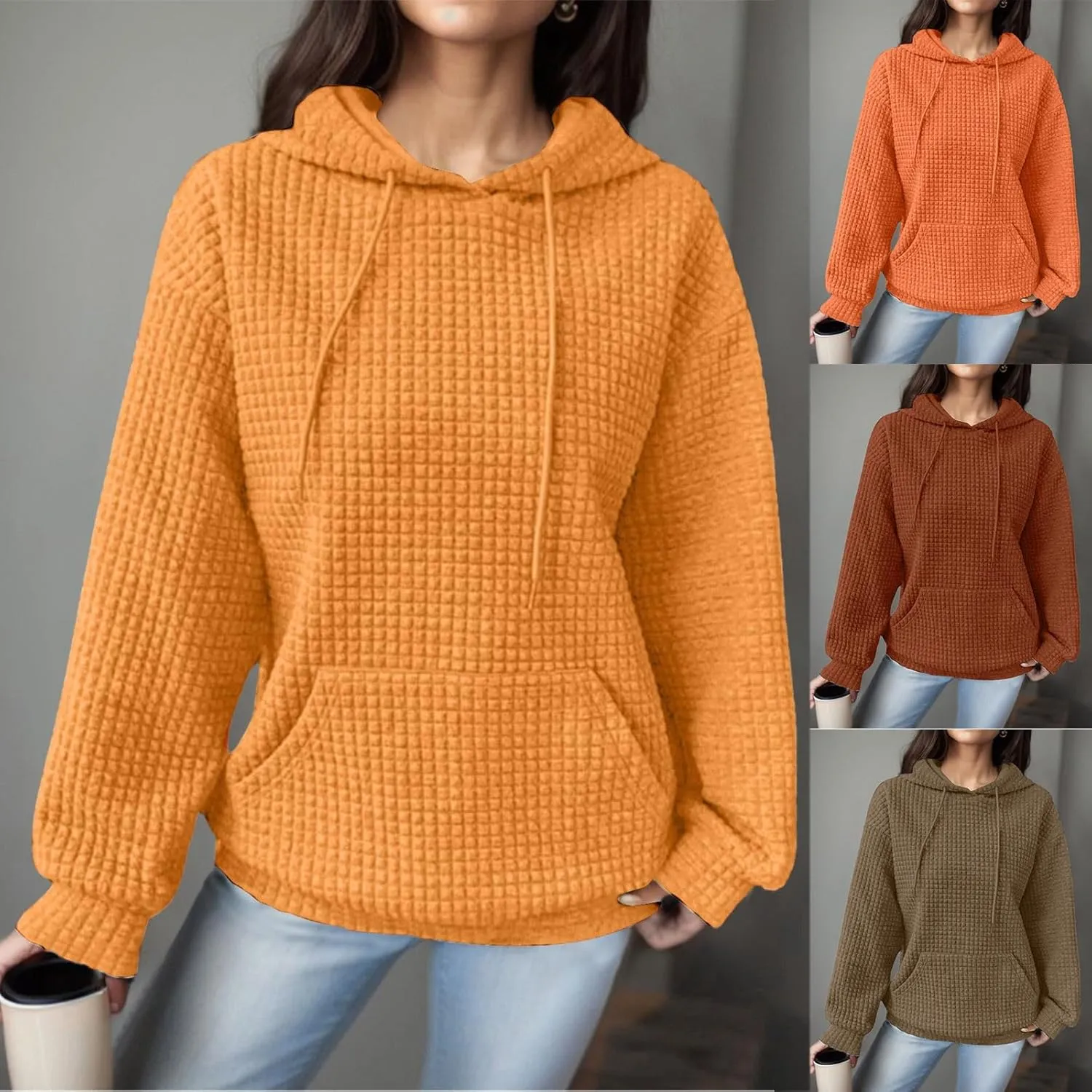 Womens Hoodies Casual Long Sleeve Waffle Knit Hooded Sweatshirts Solid Color Drawstring Pullover Sweaters Warm Tops