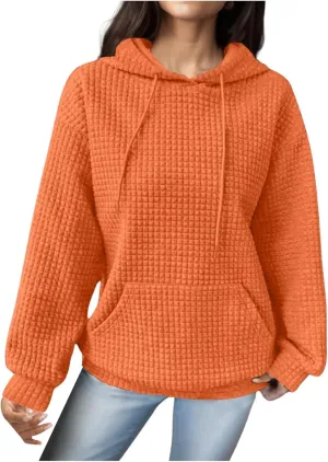 Womens Hoodies Casual Long Sleeve Waffle Knit Hooded Sweatshirts Solid Color Drawstring Pullover Sweaters Warm Tops