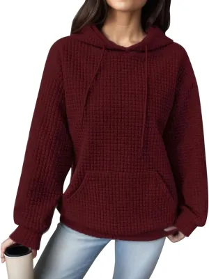 Womens Hoodies Casual Long Sleeve Waffle Knit Hooded Sweatshirts Solid Color Drawstring Pullover Sweaters Warm Tops