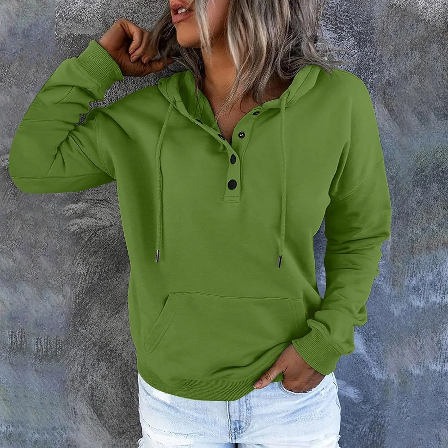 Womens Hoodies Pullover Casual Long Sleeve Button Down Drawstring Hooded Sweatshirts with Pocket Trendy Fall Shirts