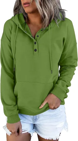 Womens Hoodies Pullover Casual Long Sleeve Button Down Drawstring Hooded Sweatshirts with Pocket Trendy Fall Shirts