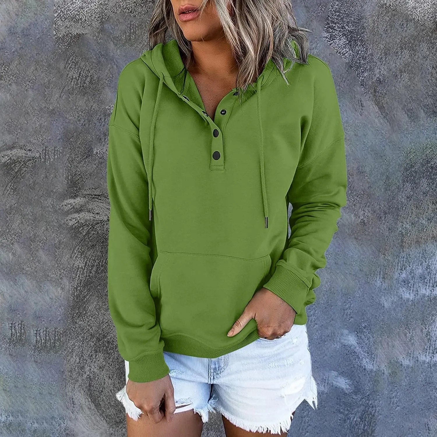 Womens Hoodies Pullover Casual Long Sleeve Button Down Drawstring Hooded Sweatshirts with Pocket Trendy Fall Shirts