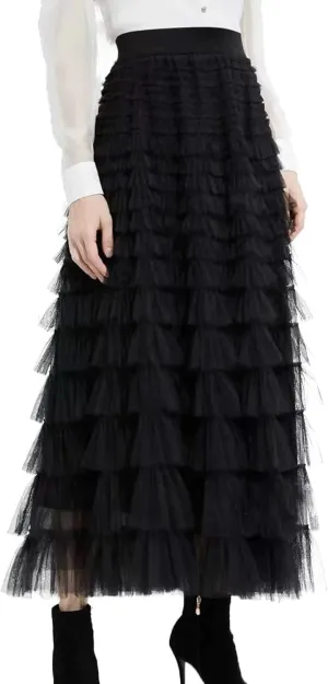 Womens Layered Ruffles Tulle Skirt Pleated High Waist Fluffy Maxi Skirt Fairy Cake Dress Long Tutu Party Skirt