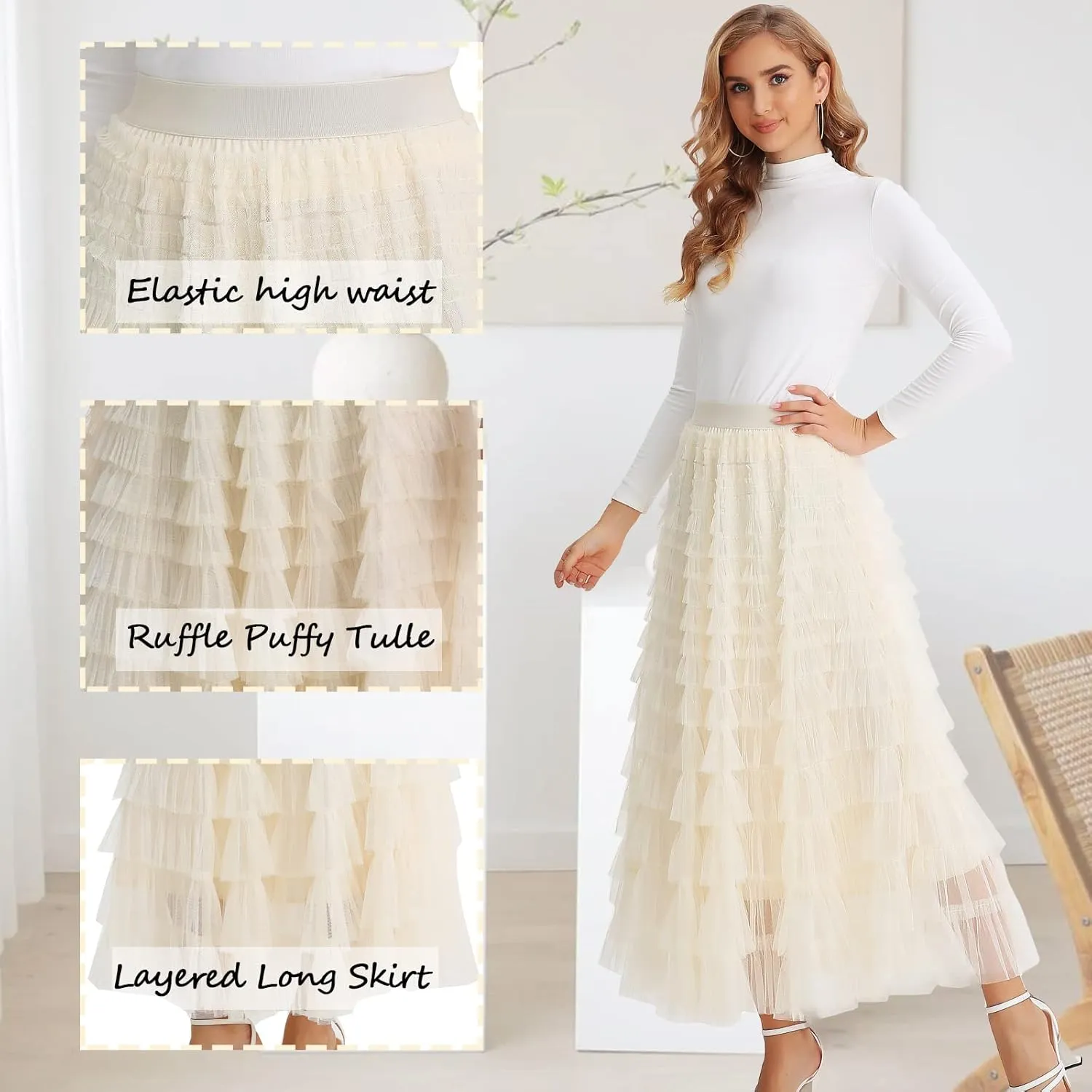 Womens Layered Ruffles Tulle Skirt Pleated High Waist Fluffy Maxi Skirt Fairy Cake Dress Long Tutu Party Skirt