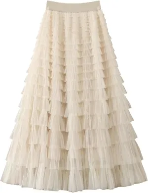Womens Layered Ruffles Tulle Skirt Pleated High Waist Fluffy Maxi Skirt Fairy Cake Dress Long Tutu Party Skirt