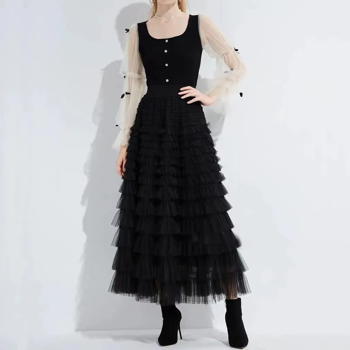 Womens Layered Ruffles Tulle Skirt Pleated High Waist Fluffy Maxi Skirt Fairy Cake Dress Long Tutu Party Skirt