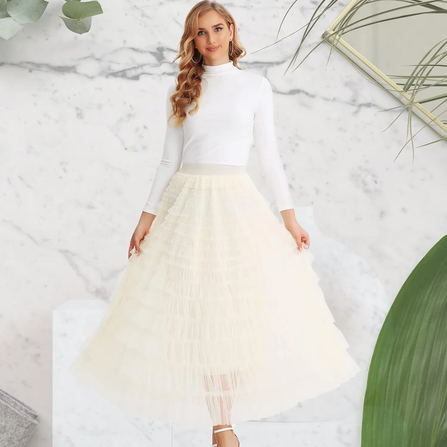 Womens Layered Ruffles Tulle Skirt Pleated High Waist Fluffy Maxi Skirt Fairy Cake Dress Long Tutu Party Skirt