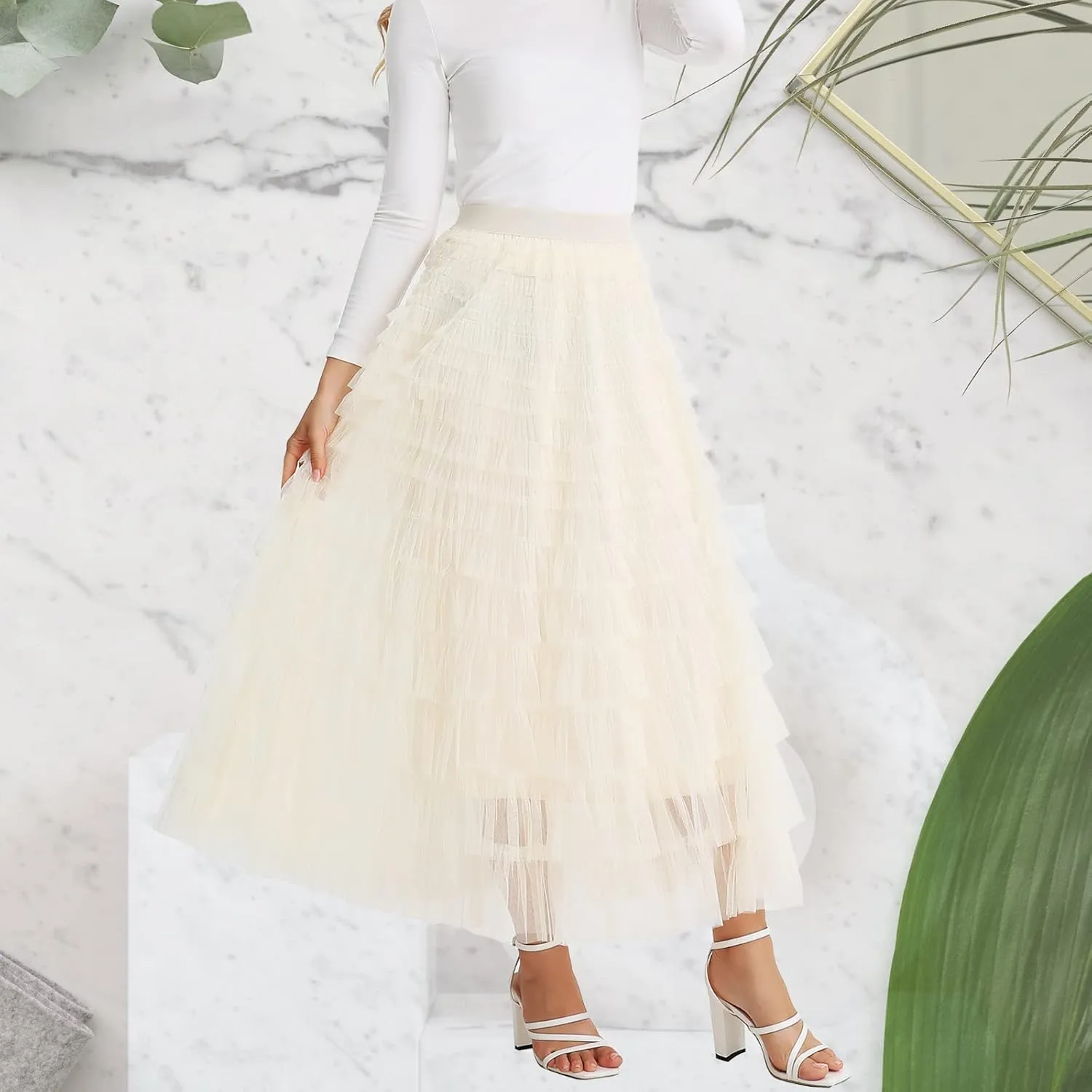 Womens Layered Ruffles Tulle Skirt Pleated High Waist Fluffy Maxi Skirt Fairy Cake Dress Long Tutu Party Skirt