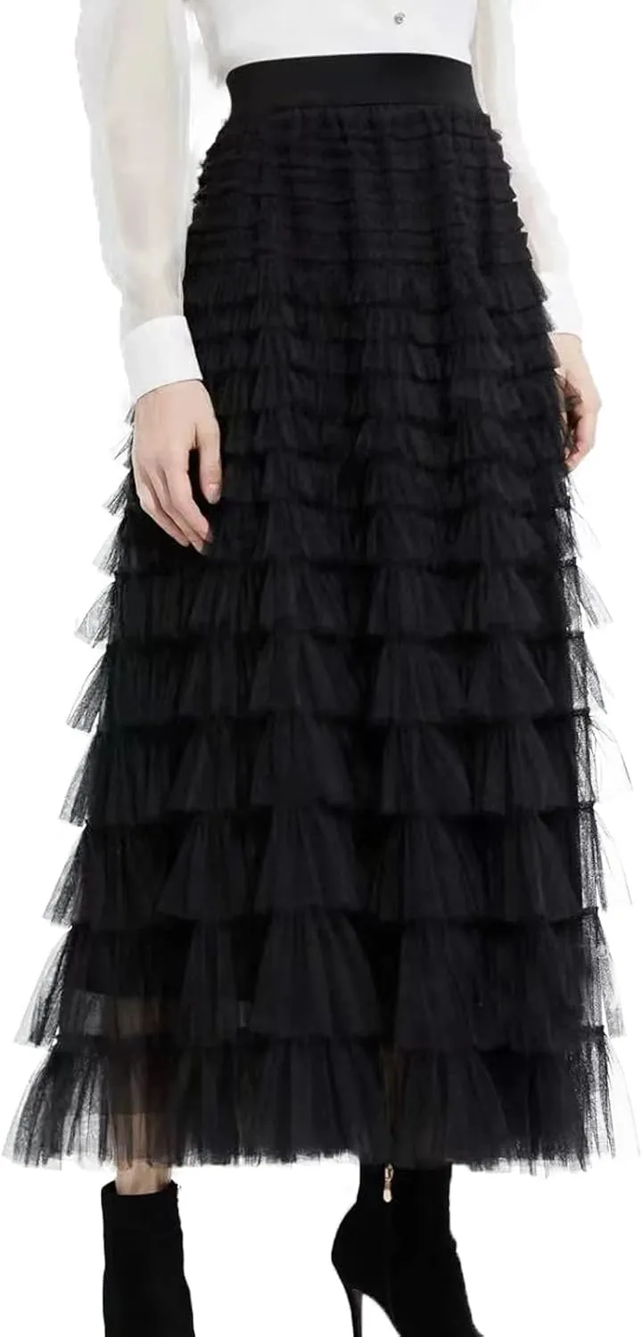 Womens Layered Ruffles Tulle Skirt Pleated High Waist Fluffy Maxi Skirt Fairy Cake Dress Long Tutu Party Skirt
