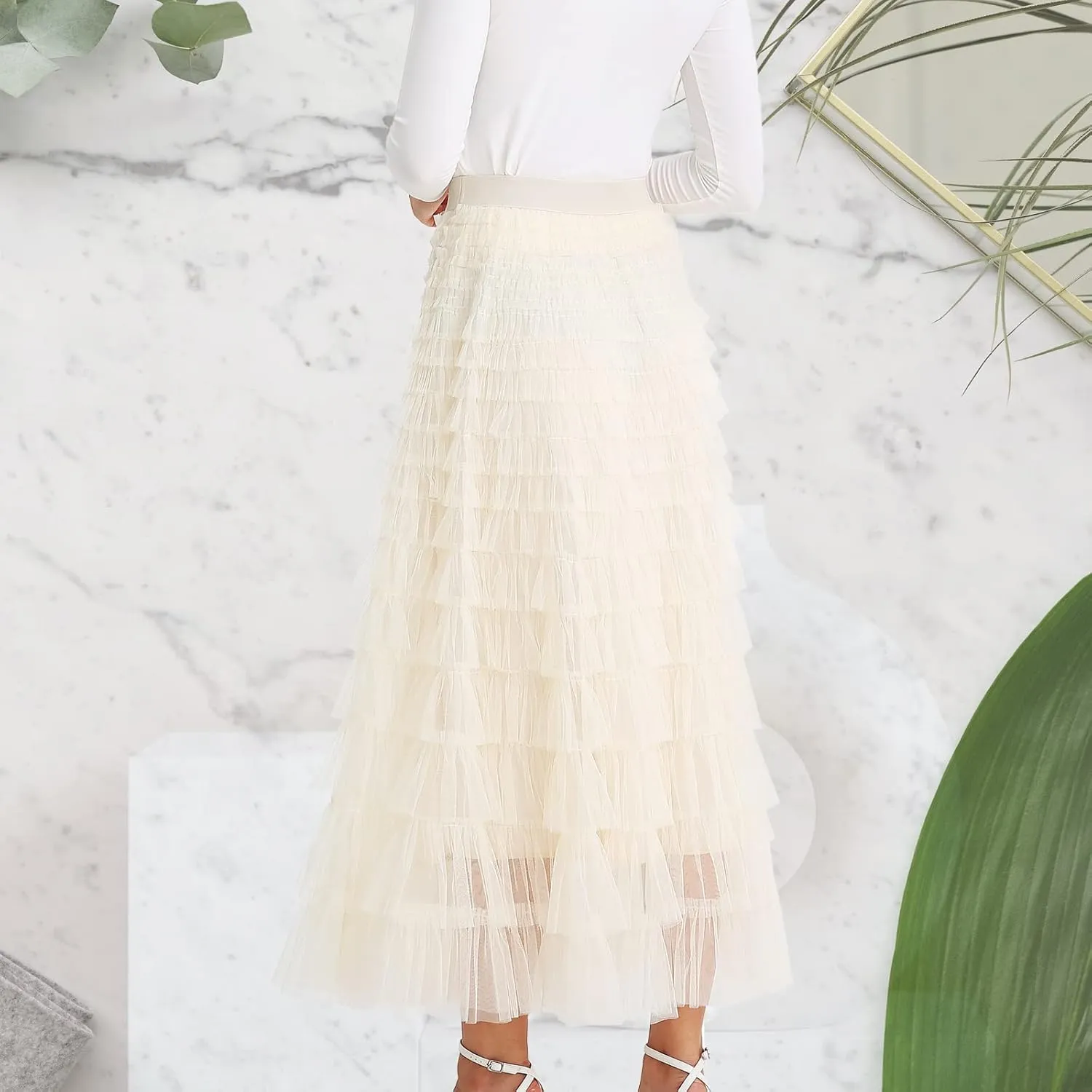 Womens Layered Ruffles Tulle Skirt Pleated High Waist Fluffy Maxi Skirt Fairy Cake Dress Long Tutu Party Skirt