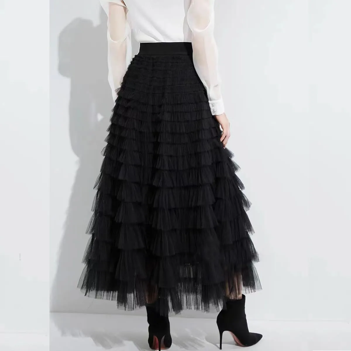 Womens Layered Ruffles Tulle Skirt Pleated High Waist Fluffy Maxi Skirt Fairy Cake Dress Long Tutu Party Skirt