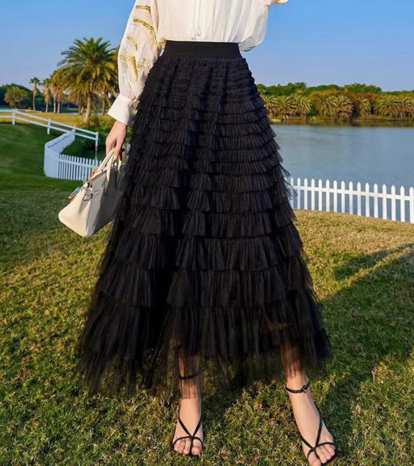 Womens Layered Ruffles Tulle Skirt Pleated High Waist Fluffy Maxi Skirt Fairy Cake Dress Long Tutu Party Skirt
