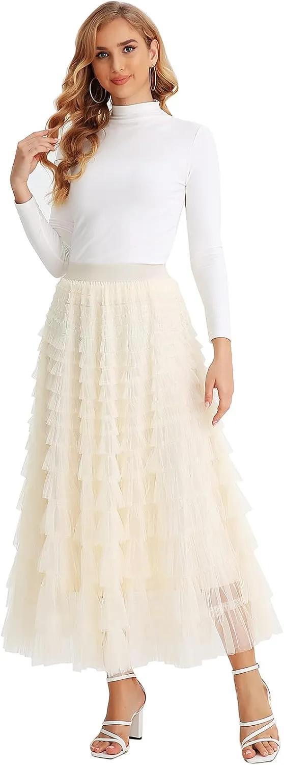 Womens Layered Ruffles Tulle Skirt Pleated High Waist Fluffy Maxi Skirt Fairy Cake Dress Long Tutu Party Skirt