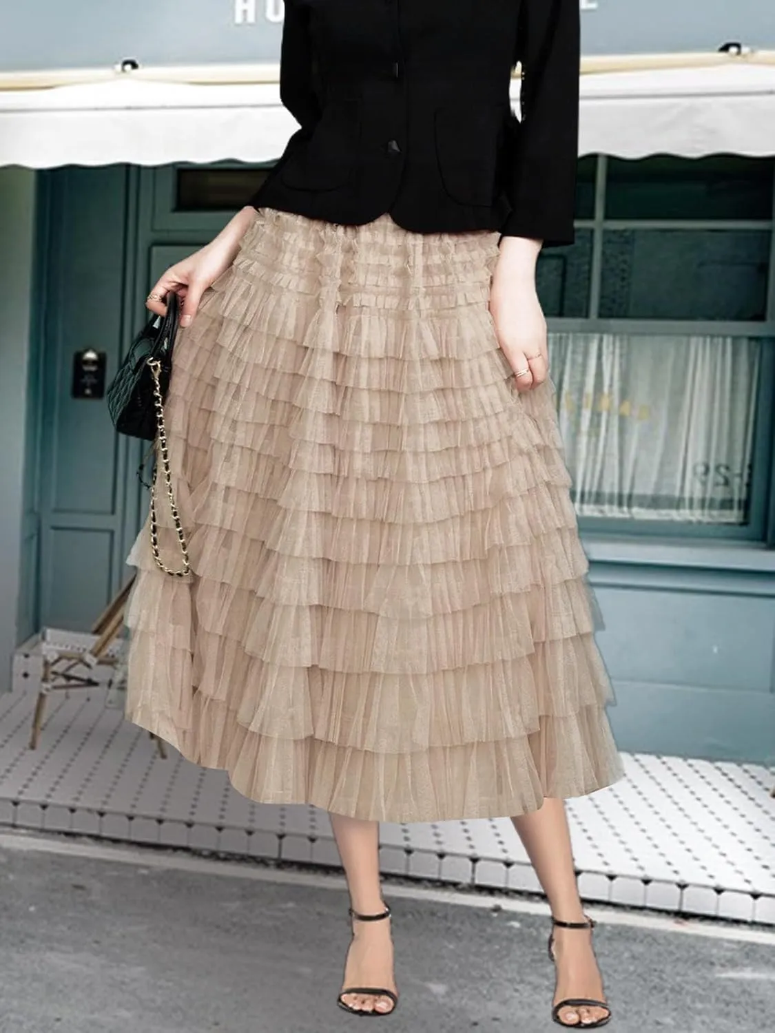 Women's Layered Tulle Skirts A Line Ruffle High Waisted Mesh Long Maxi Skirt Petticoat