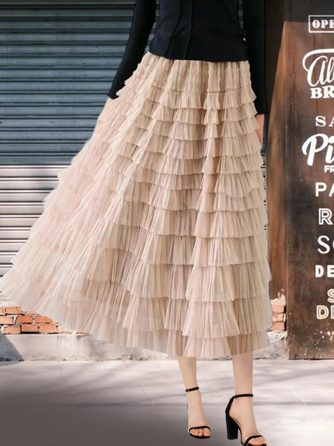 Women's Layered Tulle Skirts A Line Ruffle High Waisted Mesh Long Maxi Skirt Petticoat