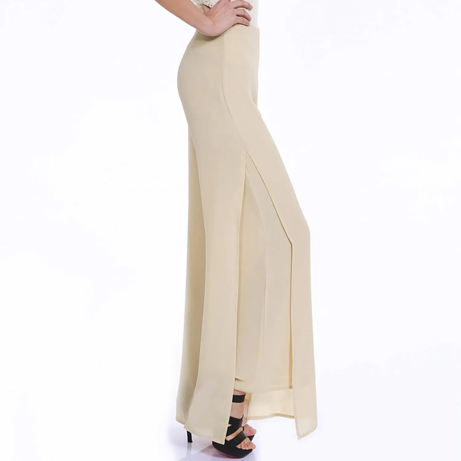 Women's Lightweight Chiffon High Elastic Waist Flowing Trousers Flared Straight Leg Business Casual Pants for