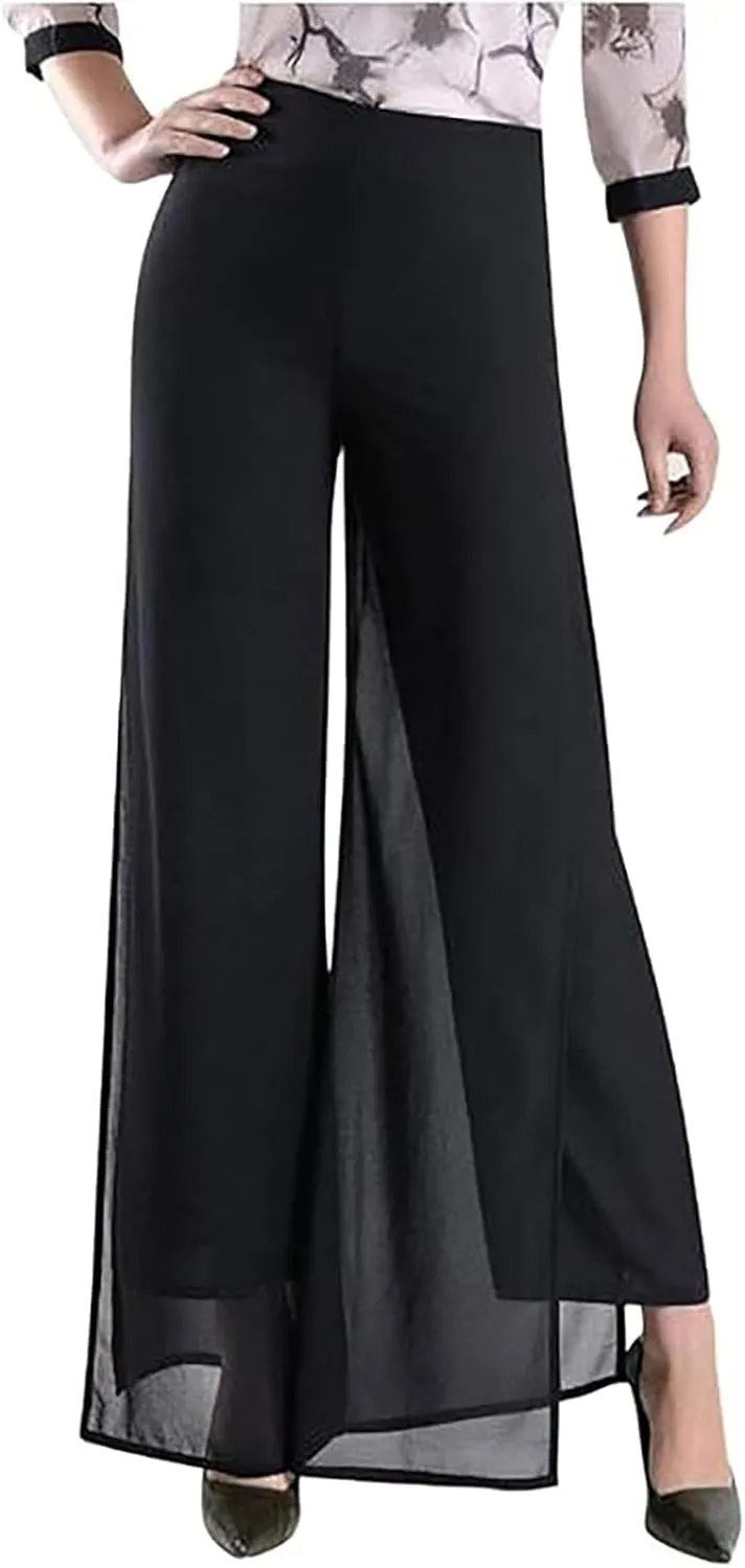 Women's Lightweight Chiffon High Elastic Waist Flowing Trousers Flared Straight Leg Business Casual Pants for