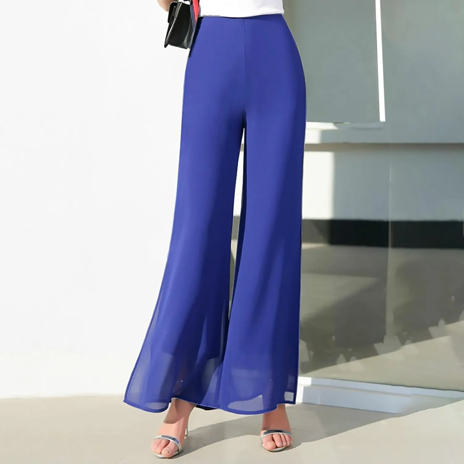 Women's Lightweight Chiffon High Elastic Waist Flowing Trousers Flared Straight Leg Business Casual Pants for