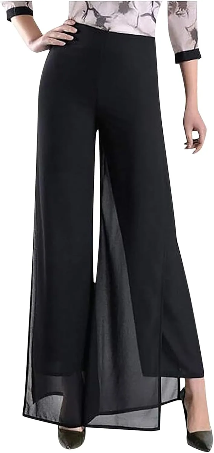 Women's Lightweight Chiffon High Elastic Waist Flowing Trousers Flared Straight Leg Business Casual Pants for