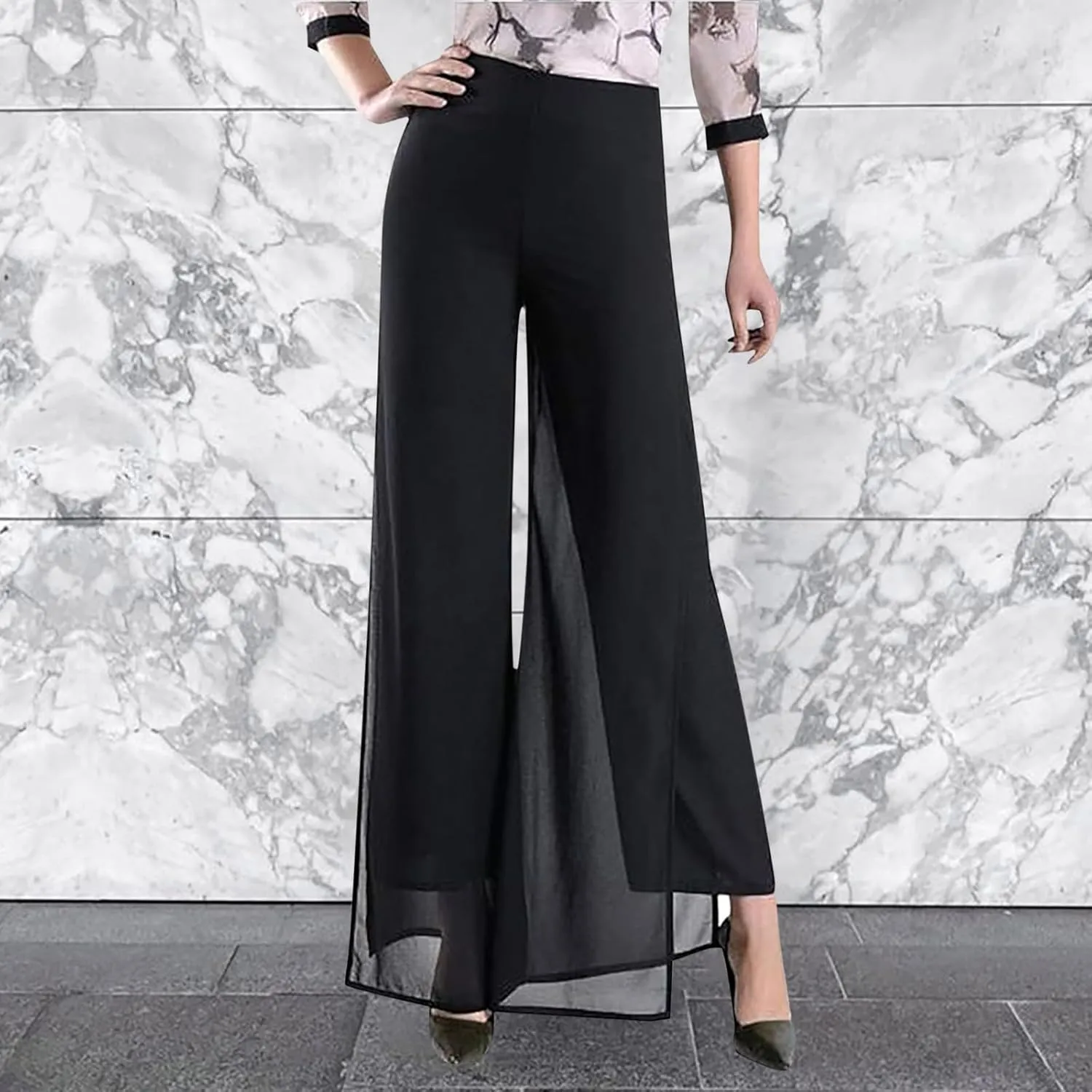 Women's Lightweight Chiffon High Elastic Waist Flowing Trousers Flared Straight Leg Business Casual Pants for