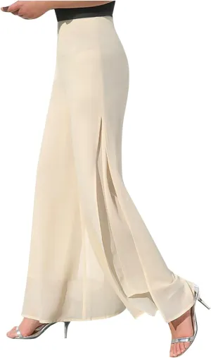 Women's Lightweight Chiffon High Elastic Waist Flowing Trousers Flared Straight Leg Business Casual Pants for