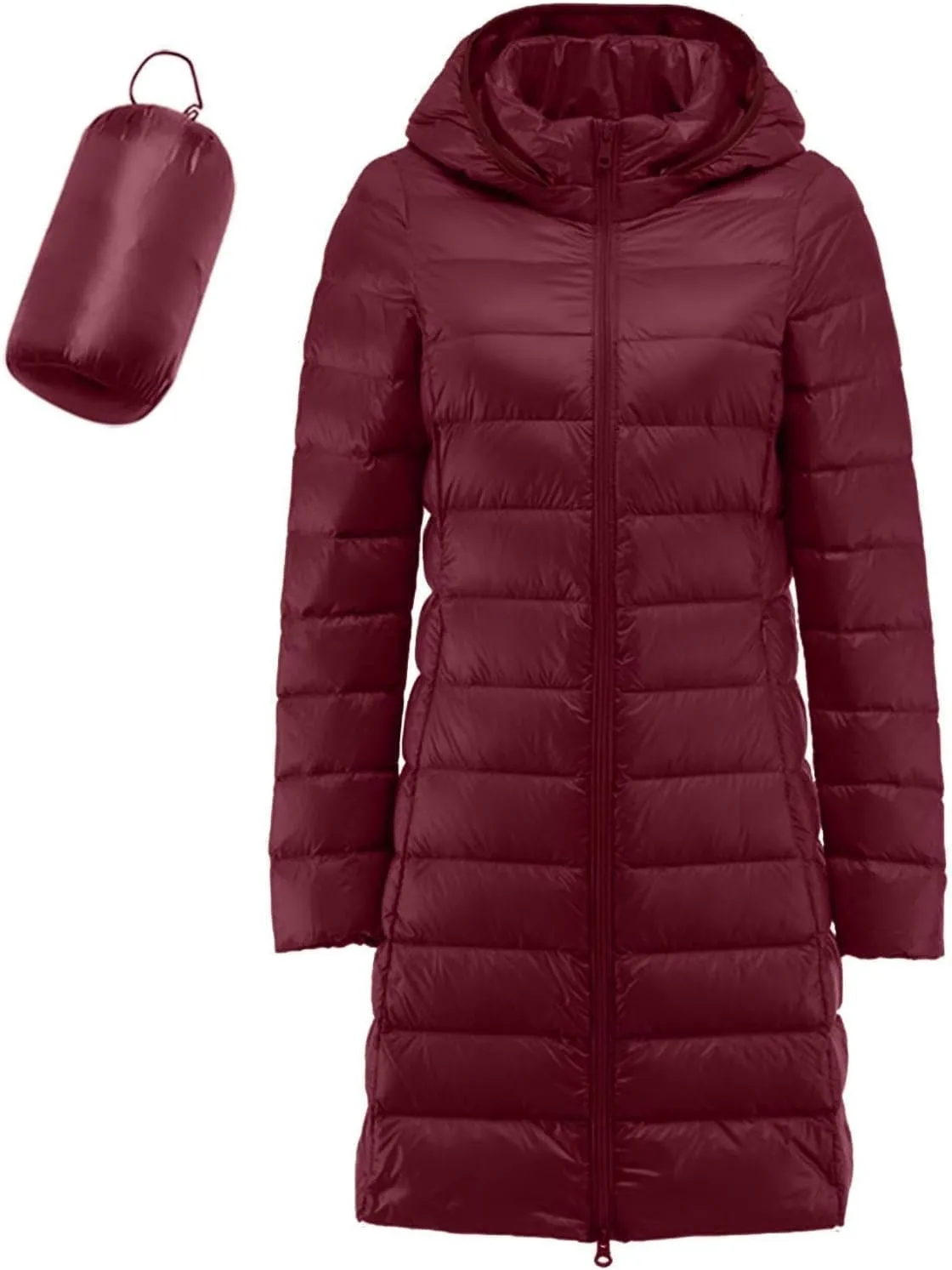 Women's Lightweight Hooded Down Jacket Winter Warm Packable Puffer Insulated Coats Slim Fit Mid Length Down Coat
