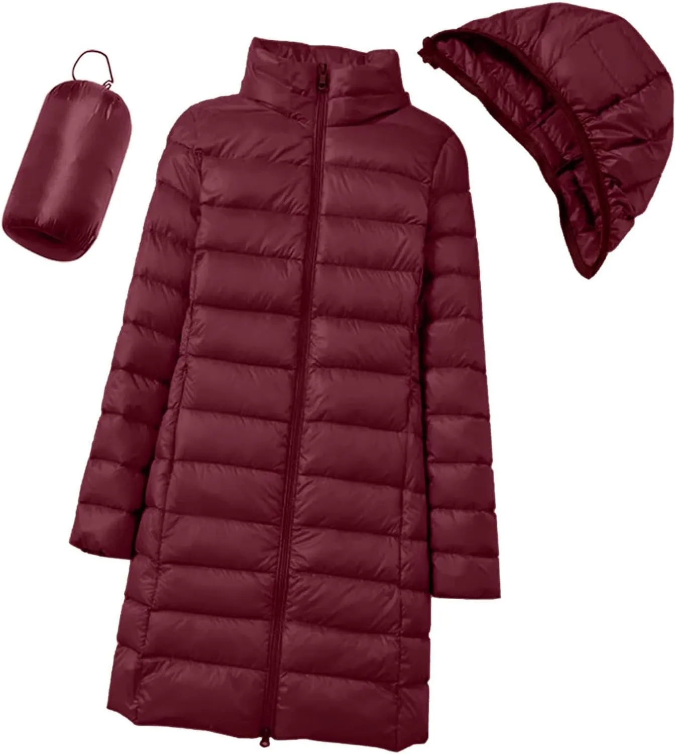 Women's Lightweight Hooded Down Jacket Winter Warm Packable Puffer Insulated Coats Slim Fit Mid Length Down Coat