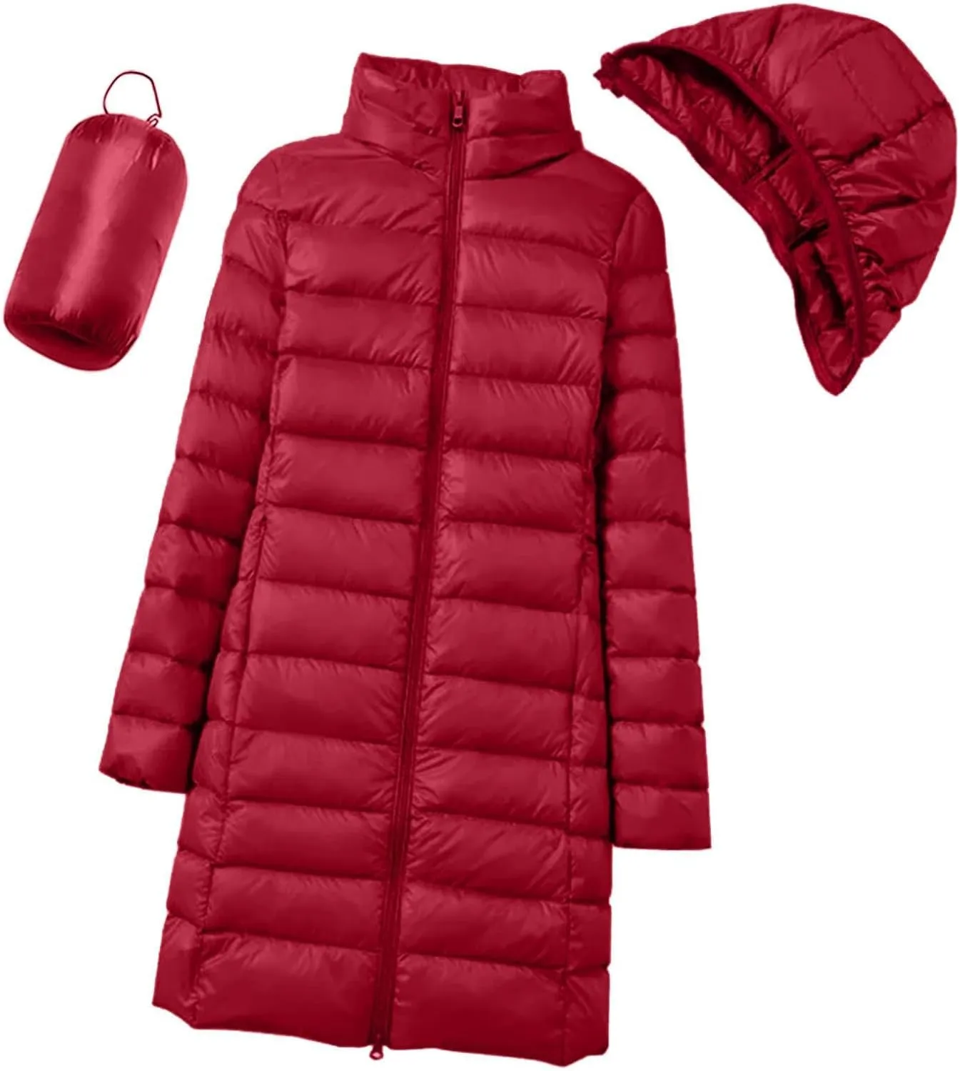 Women's Lightweight Hooded Down Jacket Winter Warm Packable Puffer Insulated Coats Slim Fit Mid Length Down Coat