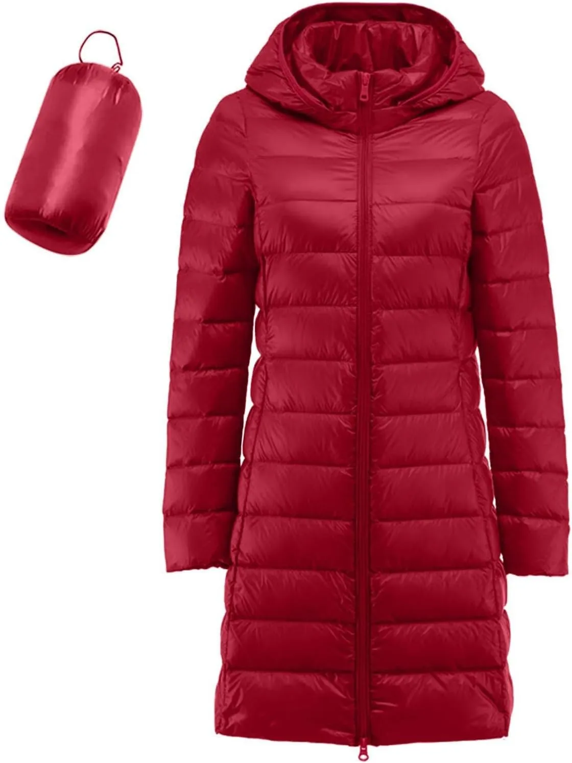 Women's Lightweight Hooded Down Jacket Winter Warm Packable Puffer Insulated Coats Slim Fit Mid Length Down Coat