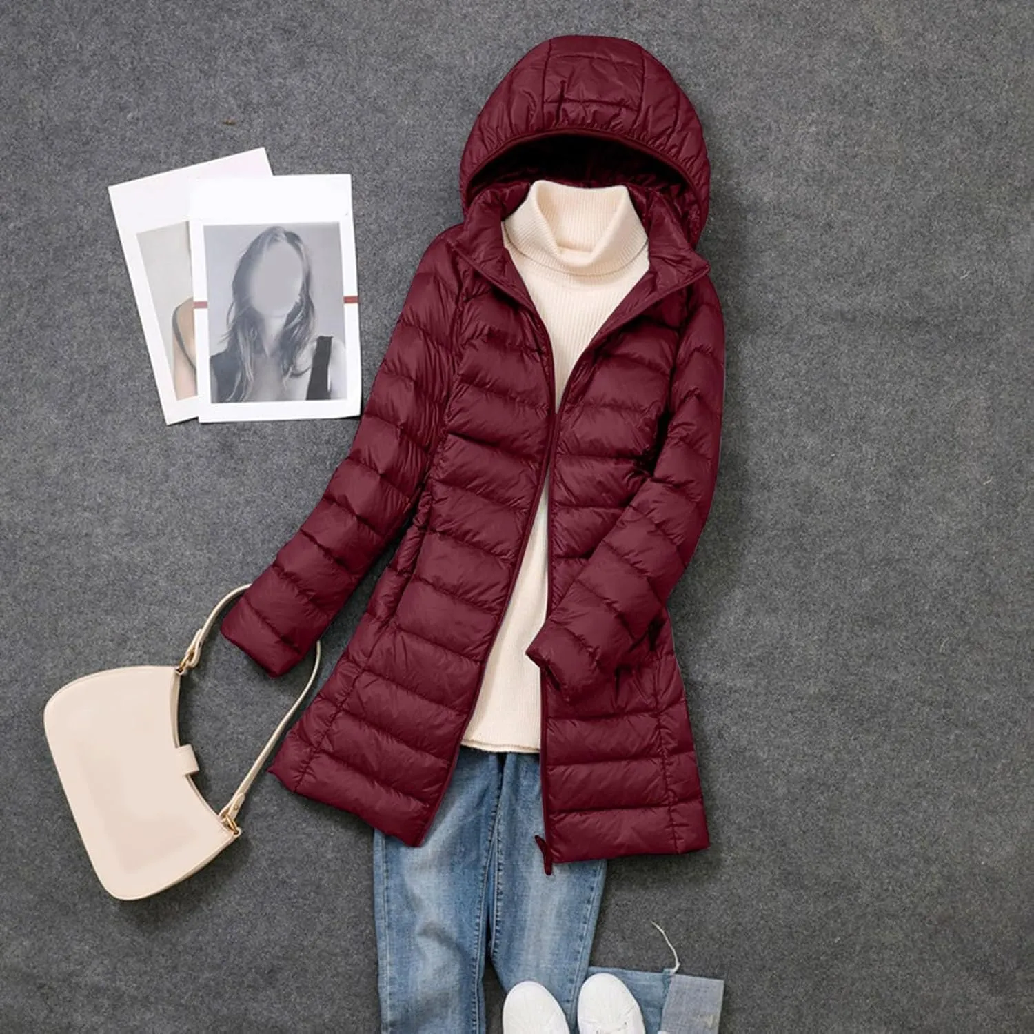 Women's Lightweight Hooded Down Jacket Winter Warm Packable Puffer Insulated Coats Slim Fit Mid Length Down Coat