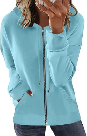 Women's Loose Zip Up Hoodie Oversized Long Sleeve Solid Drawstring Hooded Sweatshirt Jackets Y2K Casual Outwear