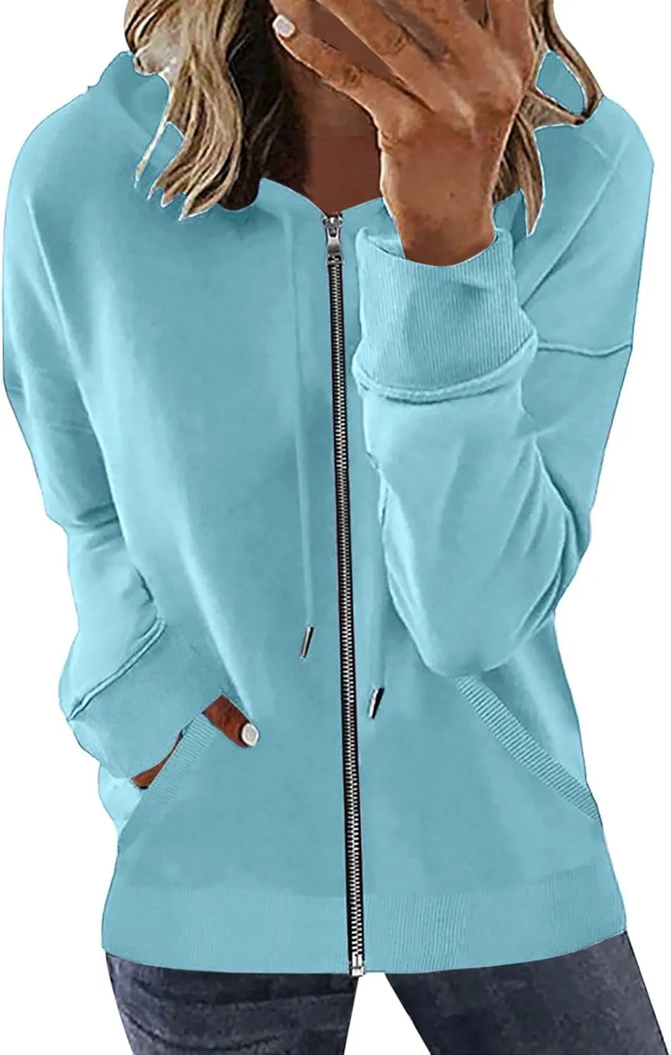 Women's Loose Zip Up Hoodie Oversized Long Sleeve Solid Drawstring Hooded Sweatshirt Jackets Y2K Casual Outwear