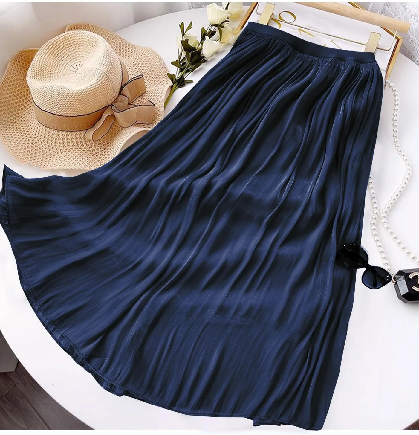 Women's Metallic Shiny Maxi Skirts Lightweight Silky Flowy Skirt for Summer Beach Holiday