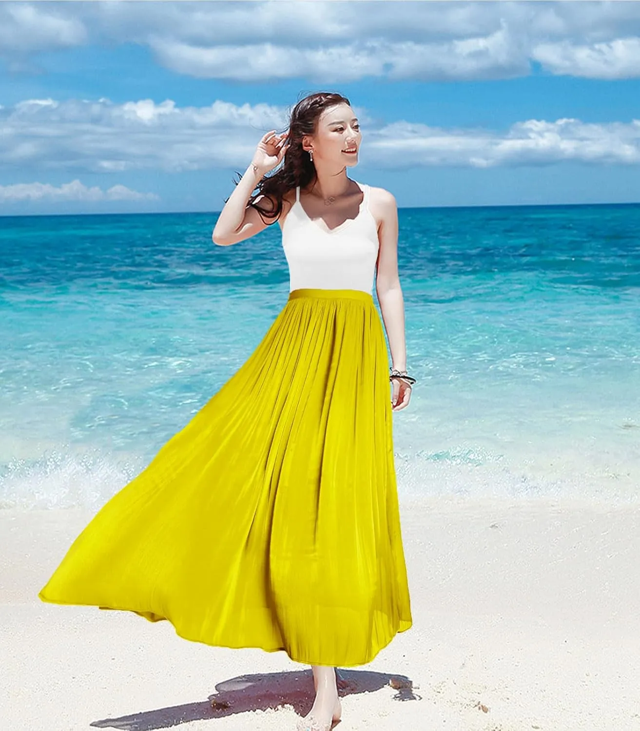 Women's Metallic Shiny Maxi Skirts Lightweight Silky Flowy Skirt for Summer Beach Holiday