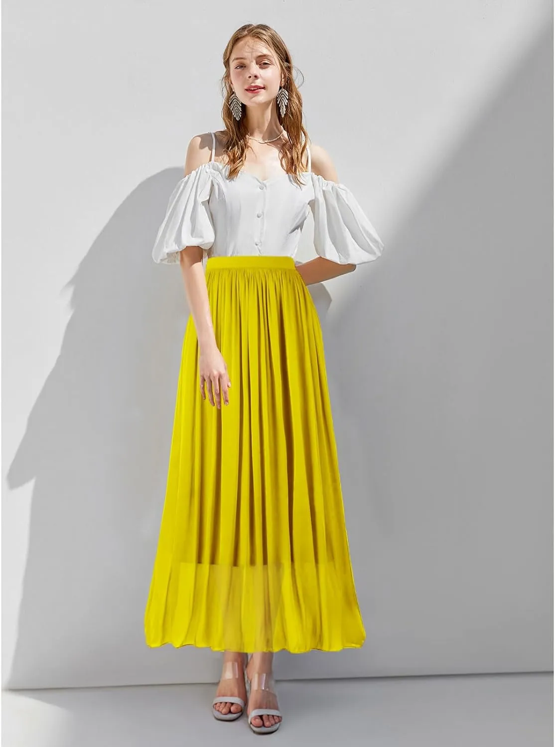 Women's Metallic Shiny Maxi Skirts Lightweight Silky Flowy Skirt for Summer Beach Holiday