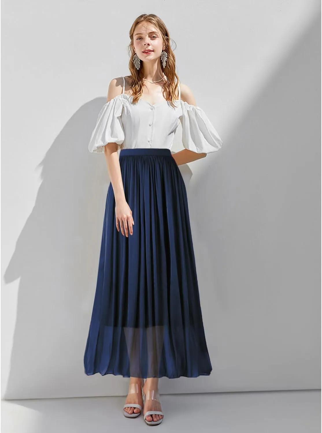 Women's Metallic Shiny Maxi Skirts Lightweight Silky Flowy Skirt for Summer Beach Holiday