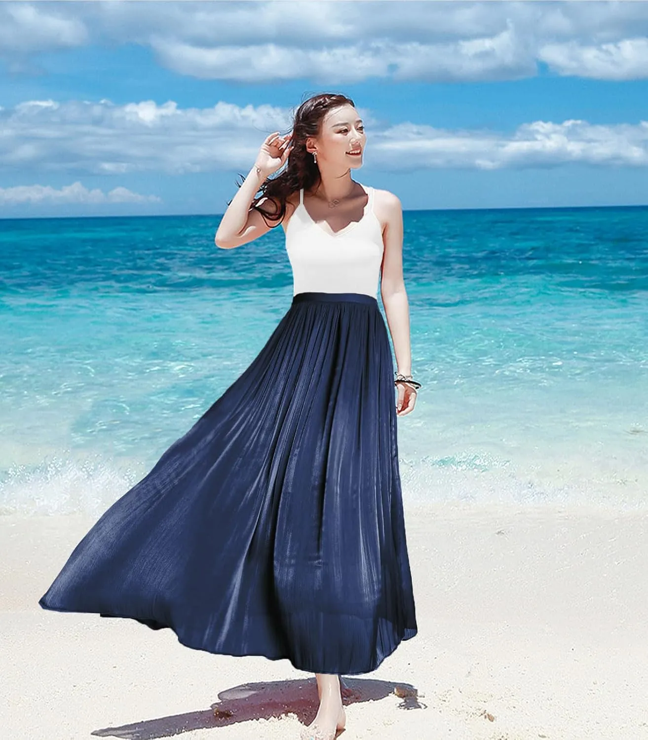 Women's Metallic Shiny Maxi Skirts Lightweight Silky Flowy Skirt for Summer Beach Holiday
