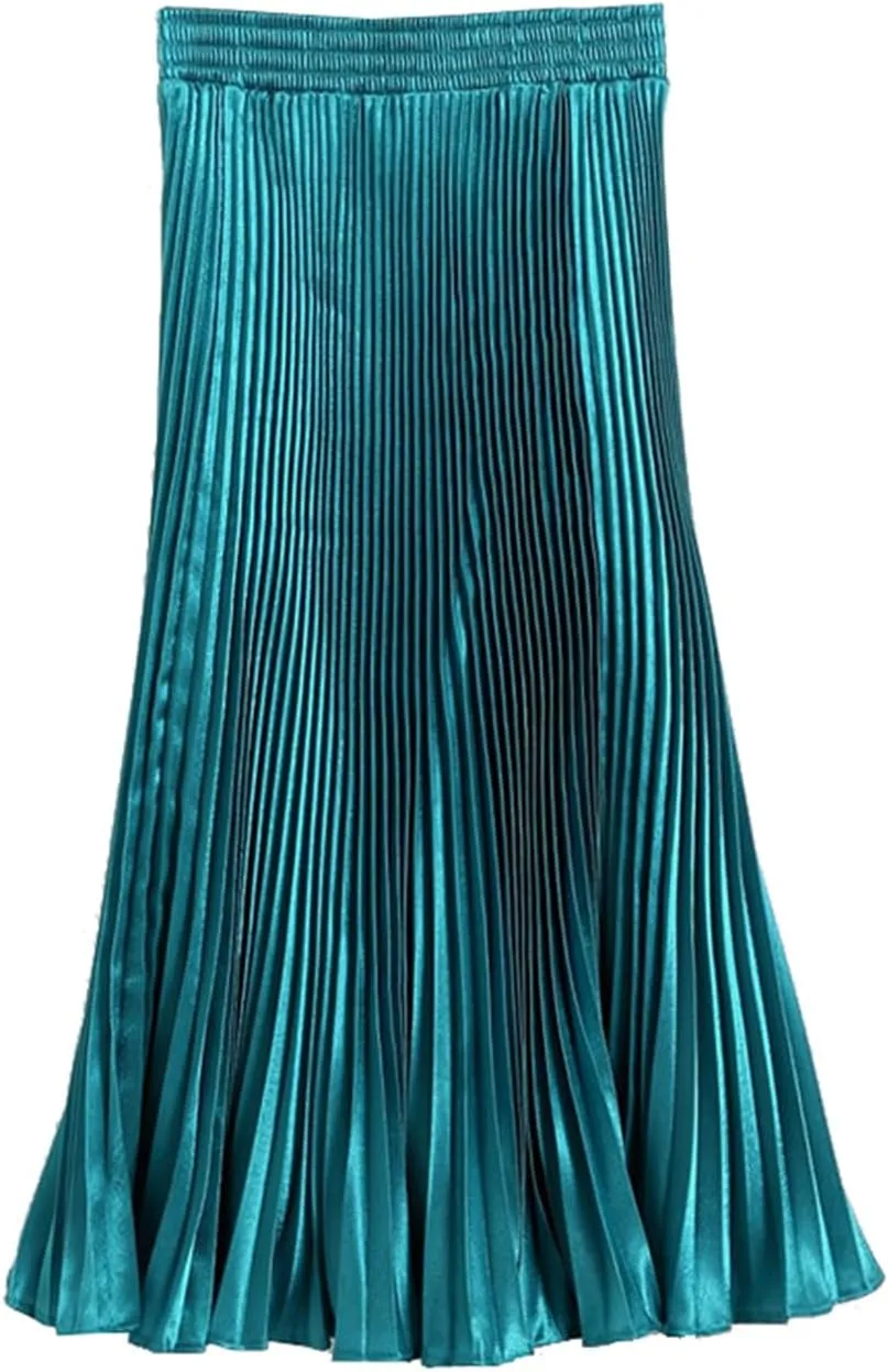 Womens Metallic Shiny Pleated Maxi Skirt Elastic High Waist A-Line Skirt Accordion Long Swing Skirt