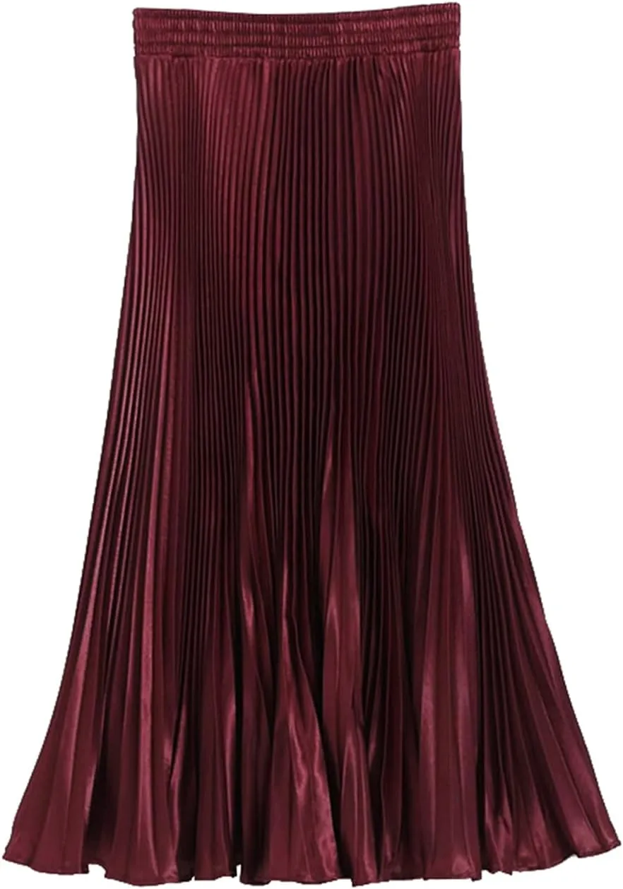 Womens Metallic Shiny Pleated Maxi Skirt Elastic High Waist A-Line Skirt Accordion Long Swing Skirt