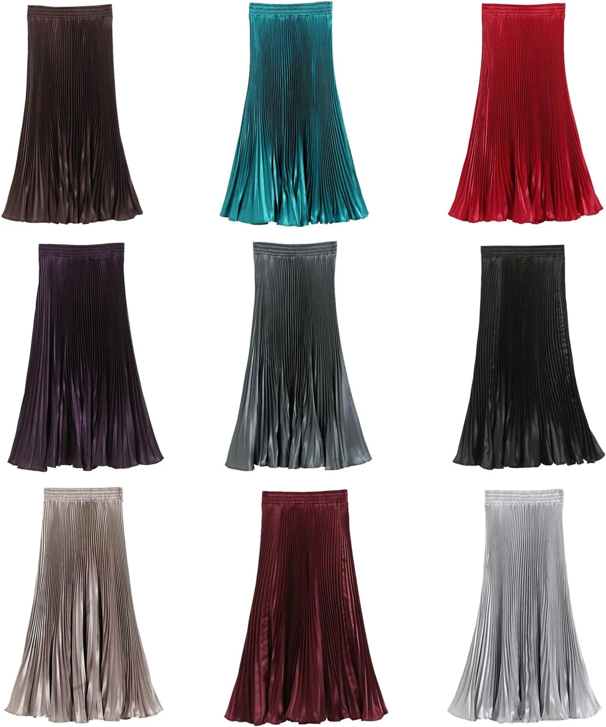 Womens Metallic Shiny Pleated Maxi Skirt Elastic High Waist A-Line Skirt Accordion Long Swing Skirt