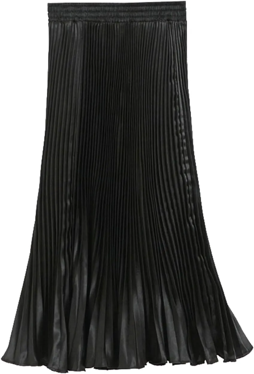 Womens Metallic Shiny Pleated Maxi Skirt Elastic High Waist A-Line Skirt Accordion Long Swing Skirt