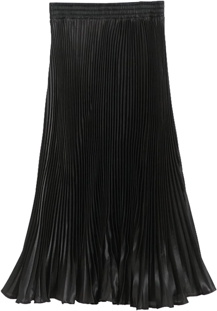 Womens Metallic Shiny Pleated Maxi Skirt Elastic High Waist A-Line Skirt Accordion Long Swing Skirt