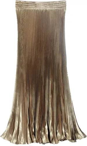 Womens Metallic Shiny Pleated Maxi Skirt Elastic High Waist A-Line Skirt Accordion Long Swing Skirt