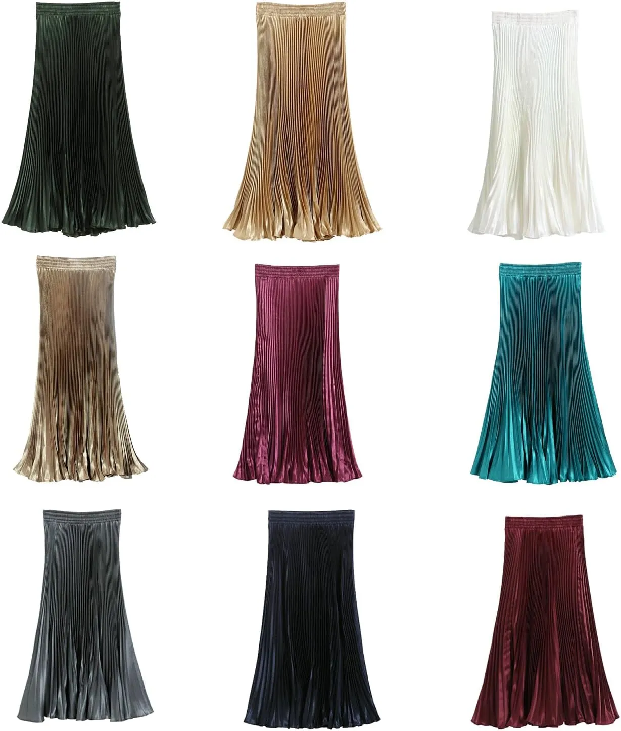Womens Metallic Shiny Pleated Maxi Skirt Elastic High Waist A-Line Skirt Accordion Long Swing Skirt