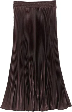 Womens Metallic Shiny Pleated Maxi Skirt Elastic High Waist A-Line Skirt Accordion Long Swing Skirt